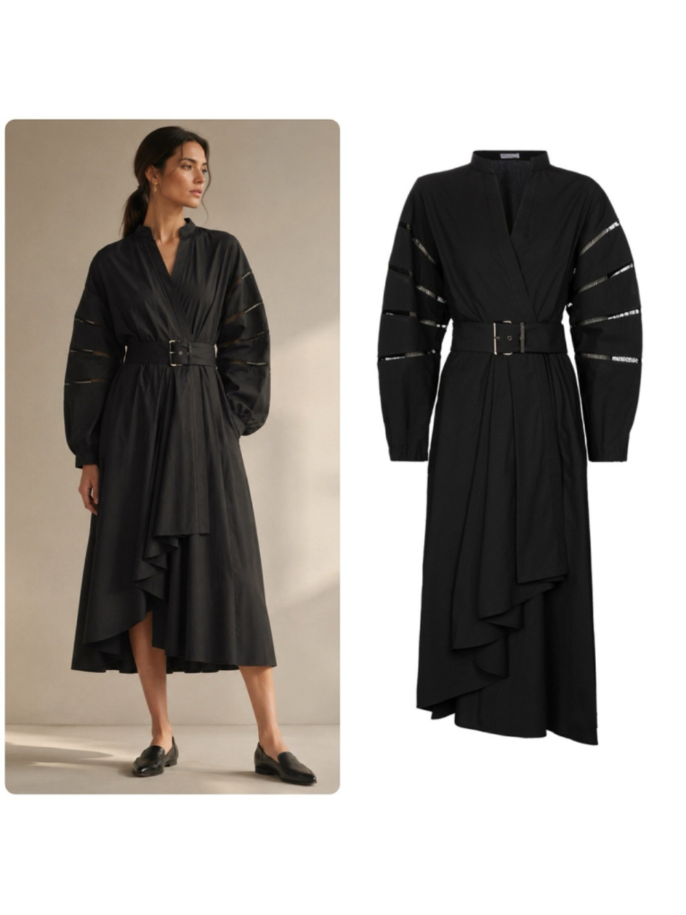 Brunello Cucinelli Embellished Cotton Poplin Black Midi Shirt Dress Size Medium